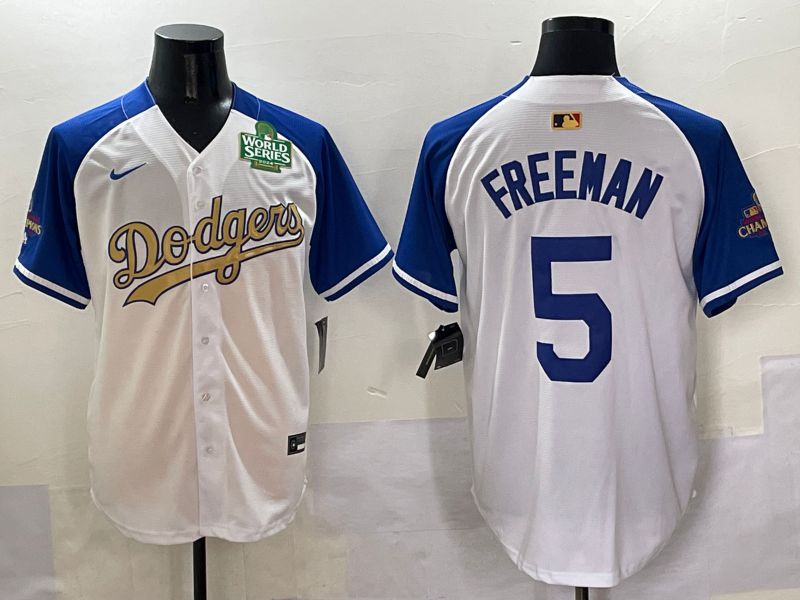 Men Los Angeles Dodgers 5 Freeman White Blue Champion gold character Nike 2025 MLB Jersey style 5054